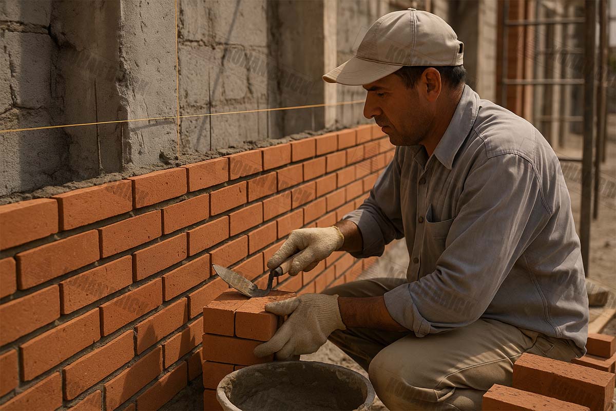 ترازبندی و شروع چیدمان آجر از مراحل اجرای آجر نما